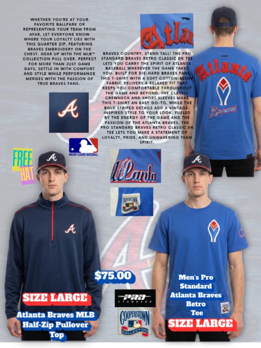 Atlanta Braves Gametime Duo-Qtr Zip Top/Logo Tee w/Free Hat
